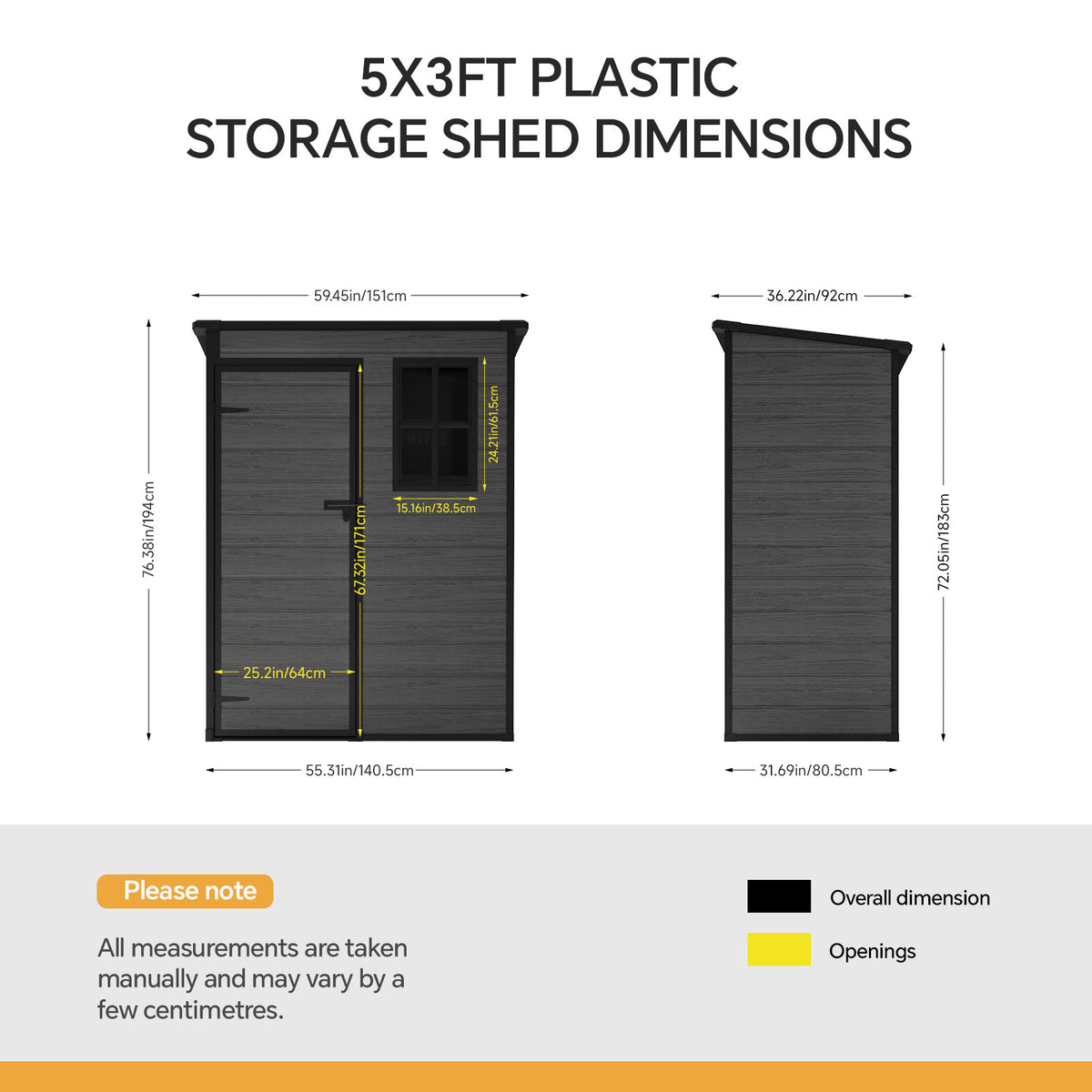 5 x 3 ft Plastic Garden Storage Shed with Pent Roof & Lockable Door