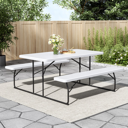 Foldable Outdoor Table and Bench Set with Parasol Hole
