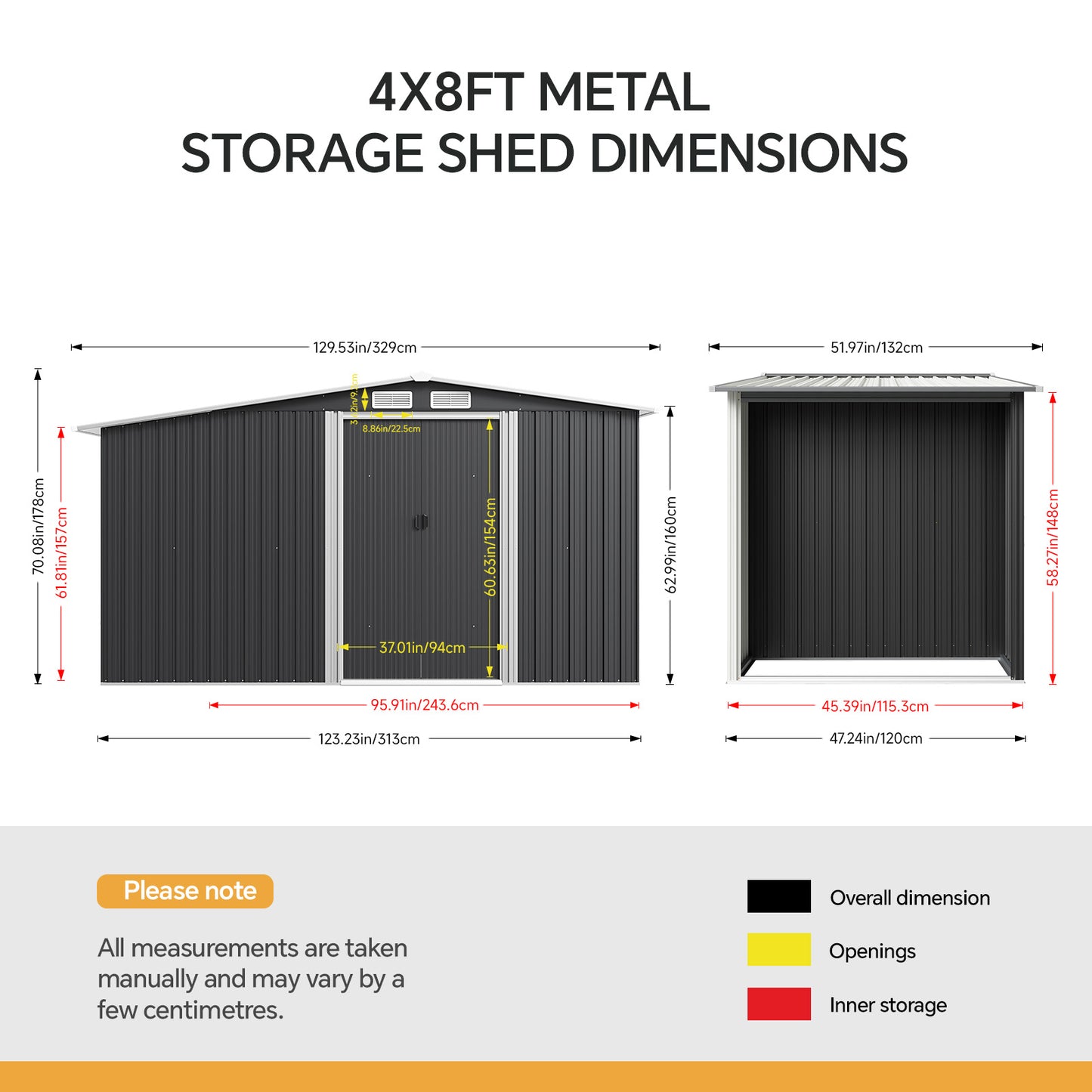 8x4ft Metal Garden Storage Shed with Log Store Apex Roof Sliding Doors
