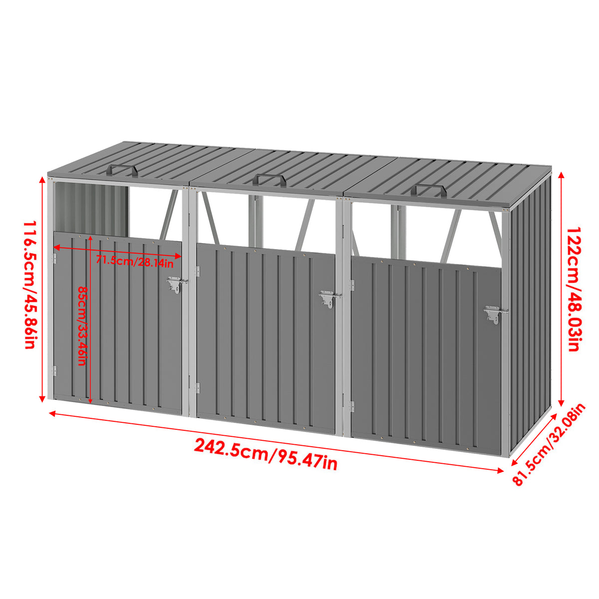 Grey Metal Outdoor Garbage Bin Shed For 3 Trash Bin