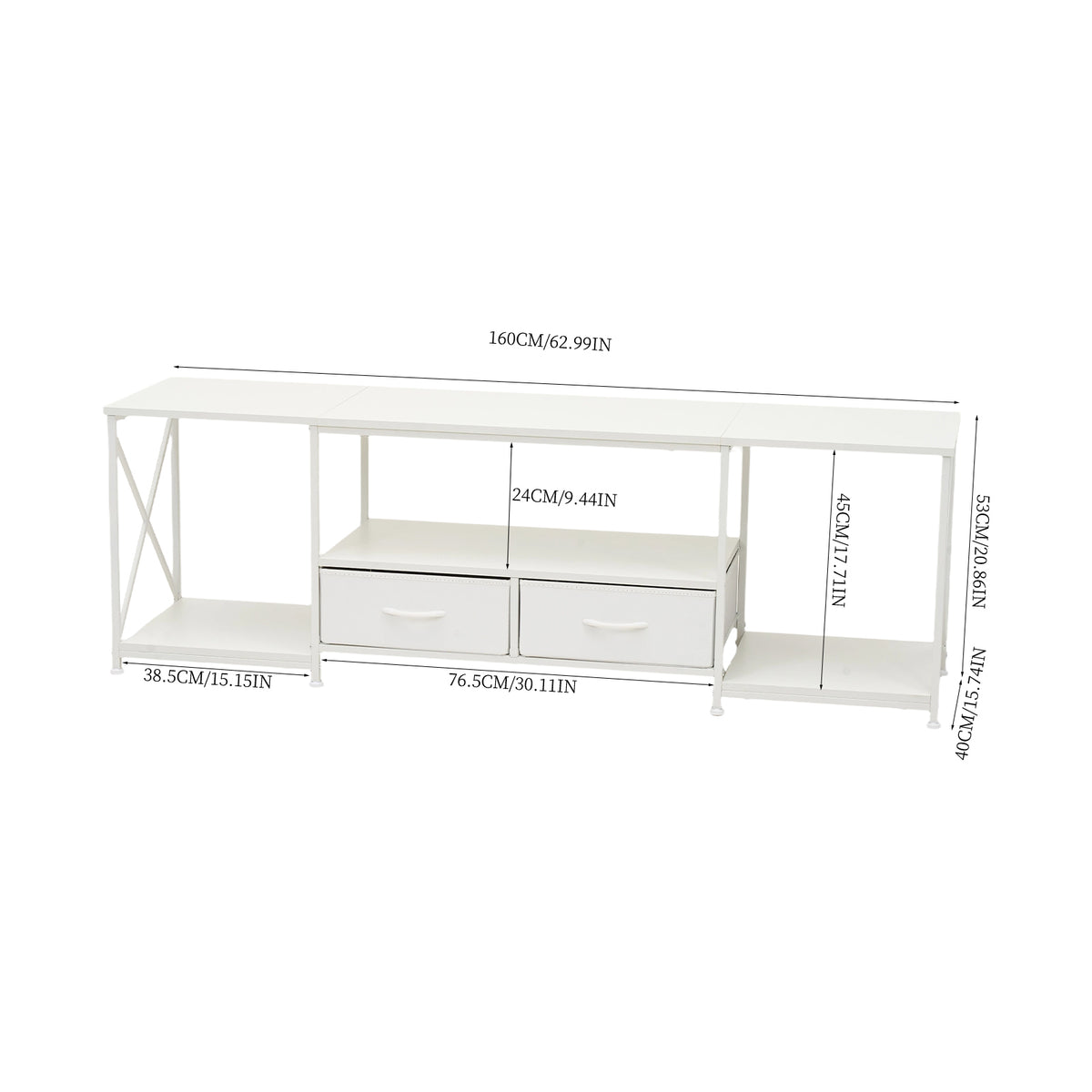160cm White TV Stand with 2 Fabric Drawers & Open Shelves