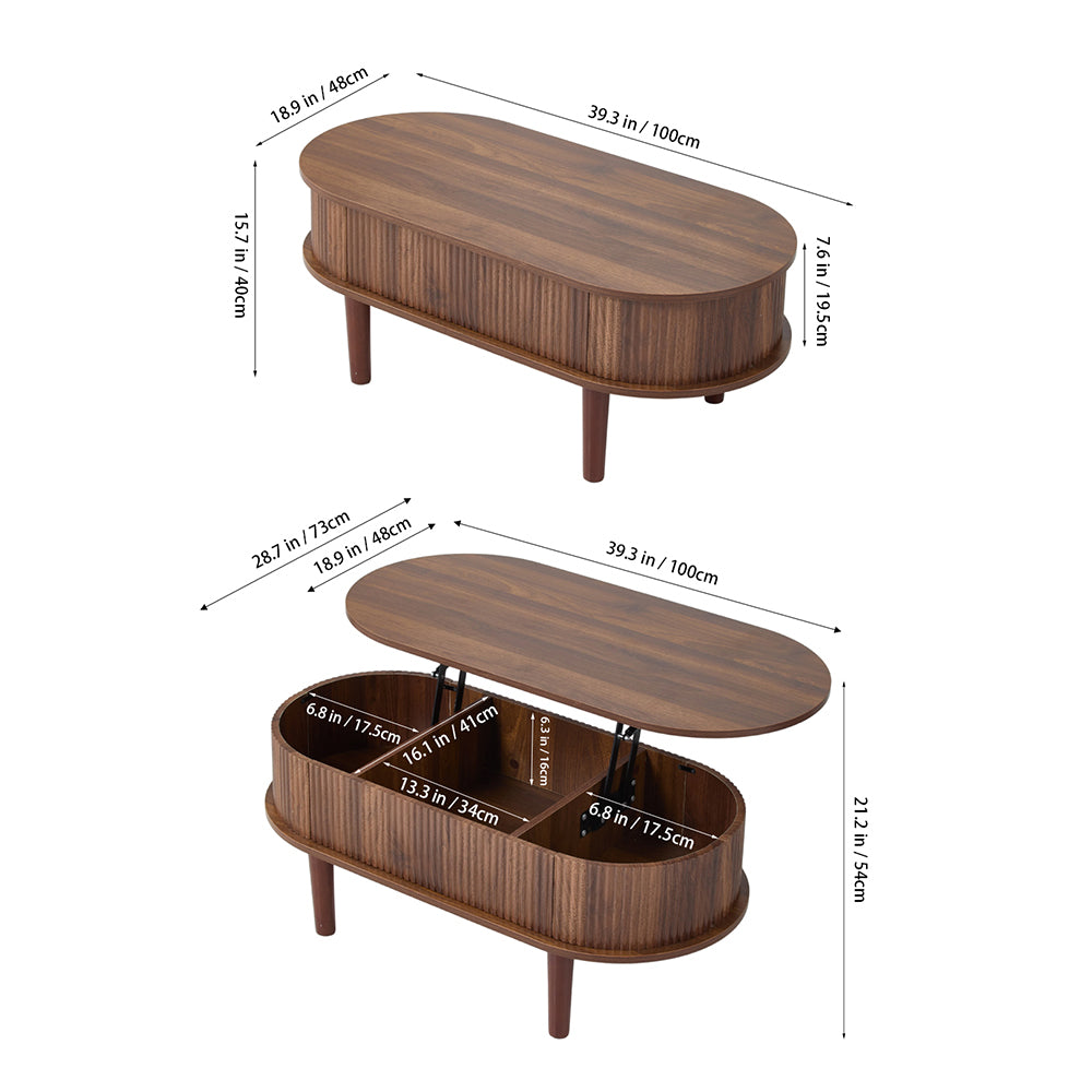 Wooden Oval Lift-Top Coffee Table with Hidden Compartment