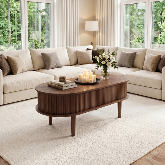 Wooden Oval Lift-Top Coffee Table with Hidden Compartment