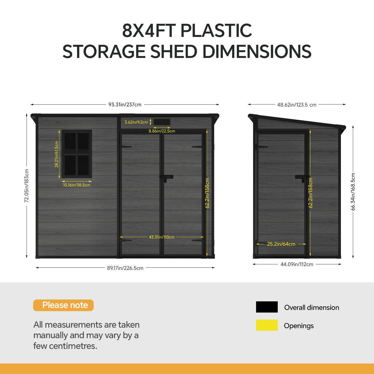 8 x 4 ft Plastic Garden Storage Shed with Pent Roof, Double Doors & Side Door