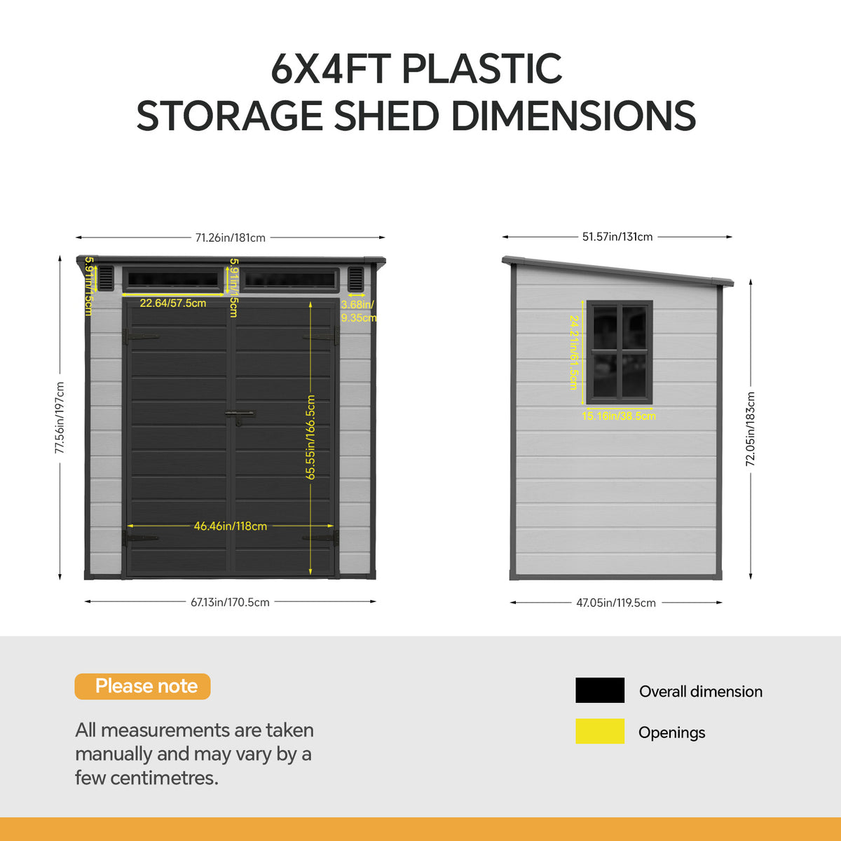 6 x 4 ft Plastic Garden Storage Shed with Pent Roof & Lockable Double Doors