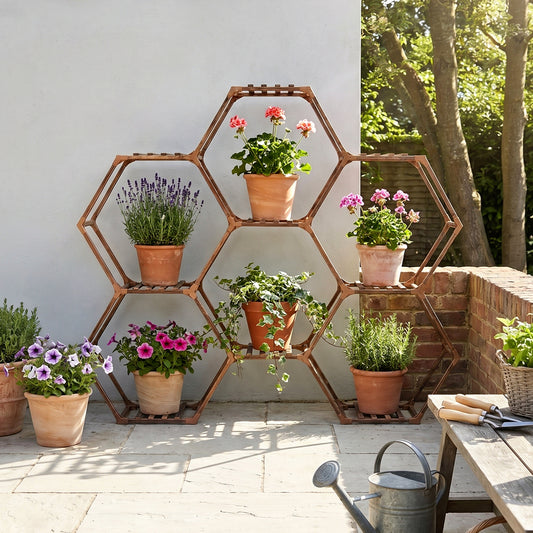 9-Potted Hexagonal Eucalyptus Wood Plant Stand