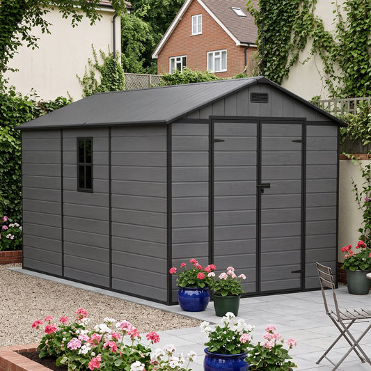 8 x 12 ft Plastic Garden Storage Shed with Apex Roof & Double Doors