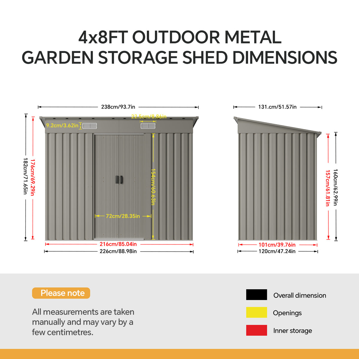 8 x 4 ft Metal Garden Storage Shed with Pent Roof & Lockable Double Doors