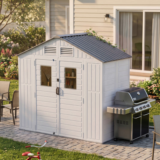 8 x 4 ft Plastic Garden Storage Shed with Apex Roof & Double Doors