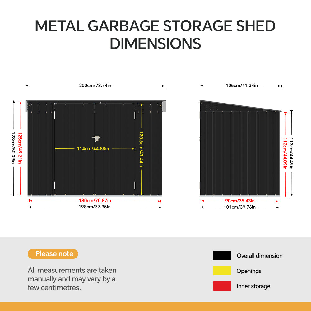200CM Wide Outdoor Metal Garbage Storage Shed with Hinged Lid