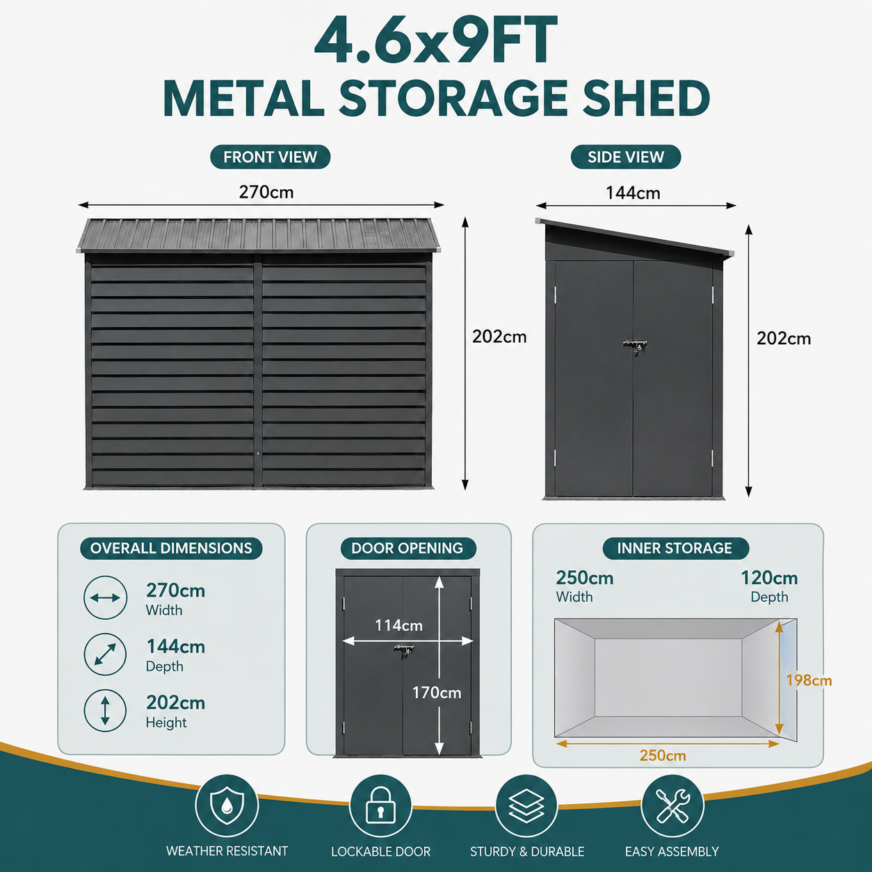 4.6x9FT Wide Outdoor Lockable Steel Storage Shed