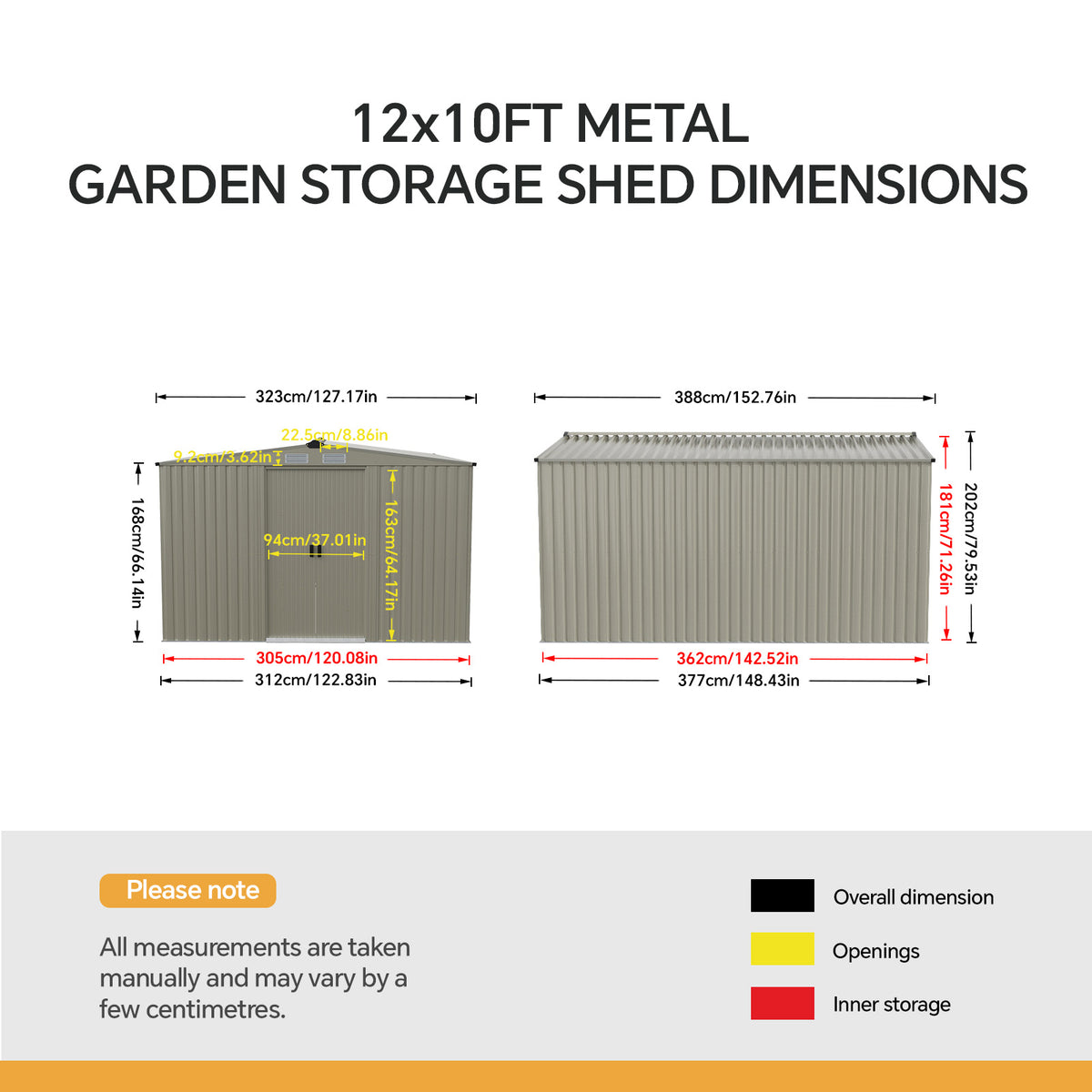 10 x 12 ft Metal Garden Storage Shed with Apex Roof & Double Sliding Doors