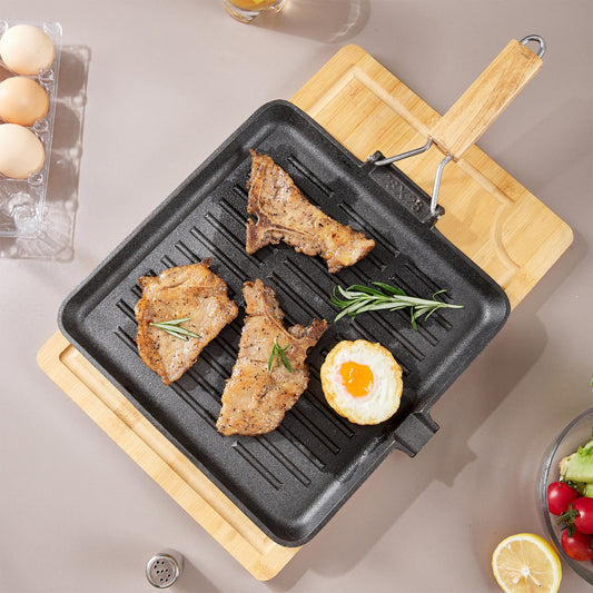 Cast Iron Frying Pan Skillet with Foldable Wooden Handle