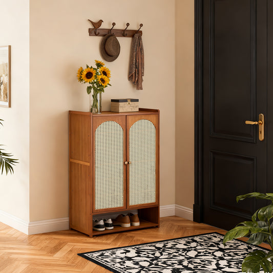111CM H Modern Shoe Storage Cabinet with Rattan-Effect Doors