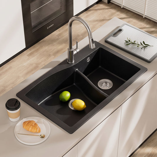 Modern Double Bowl Quartz Resin Composite Kitchen Sink with Waste Kit