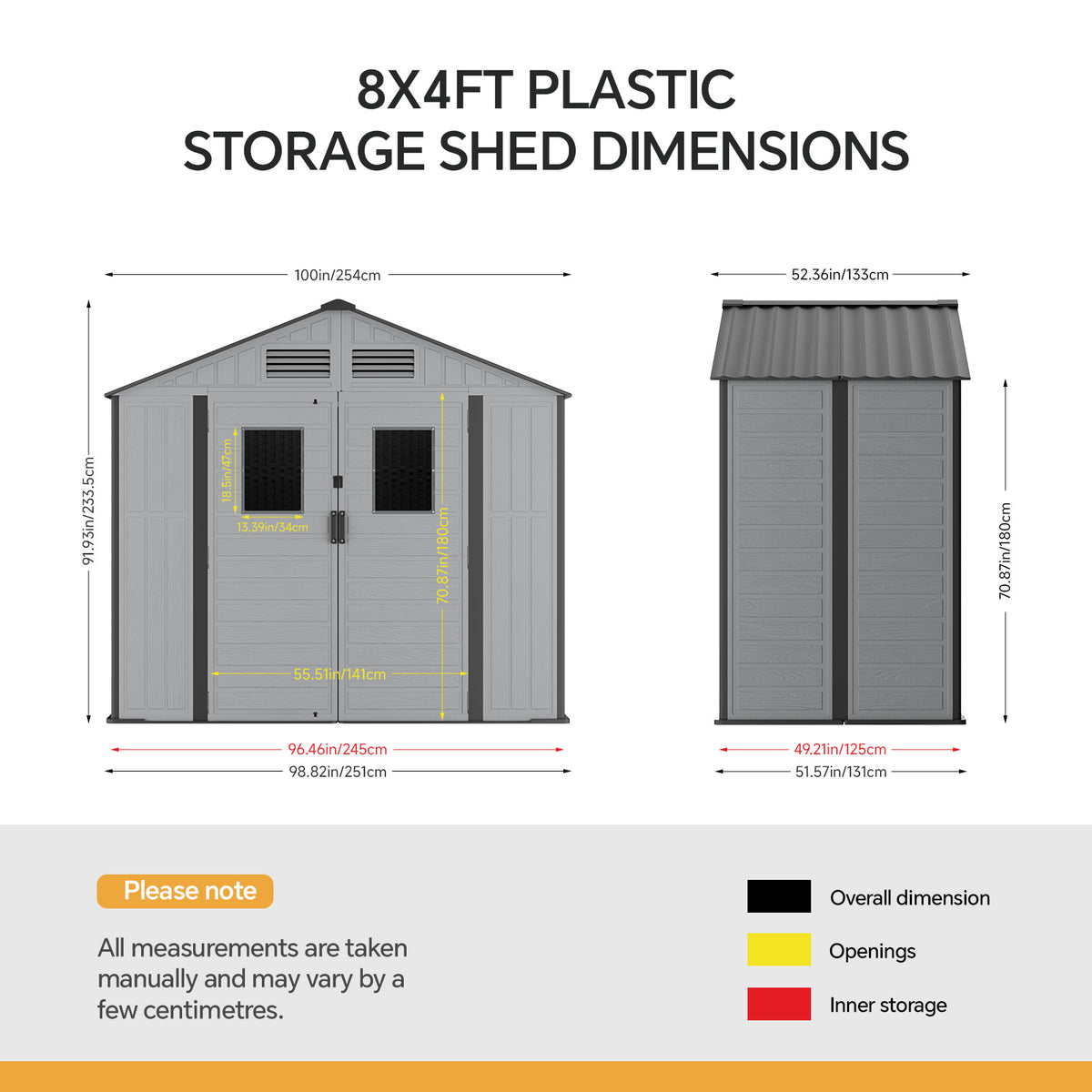 8 x 4 ft Plastic Garden Storage Shed with Apex Roof & Double Doors