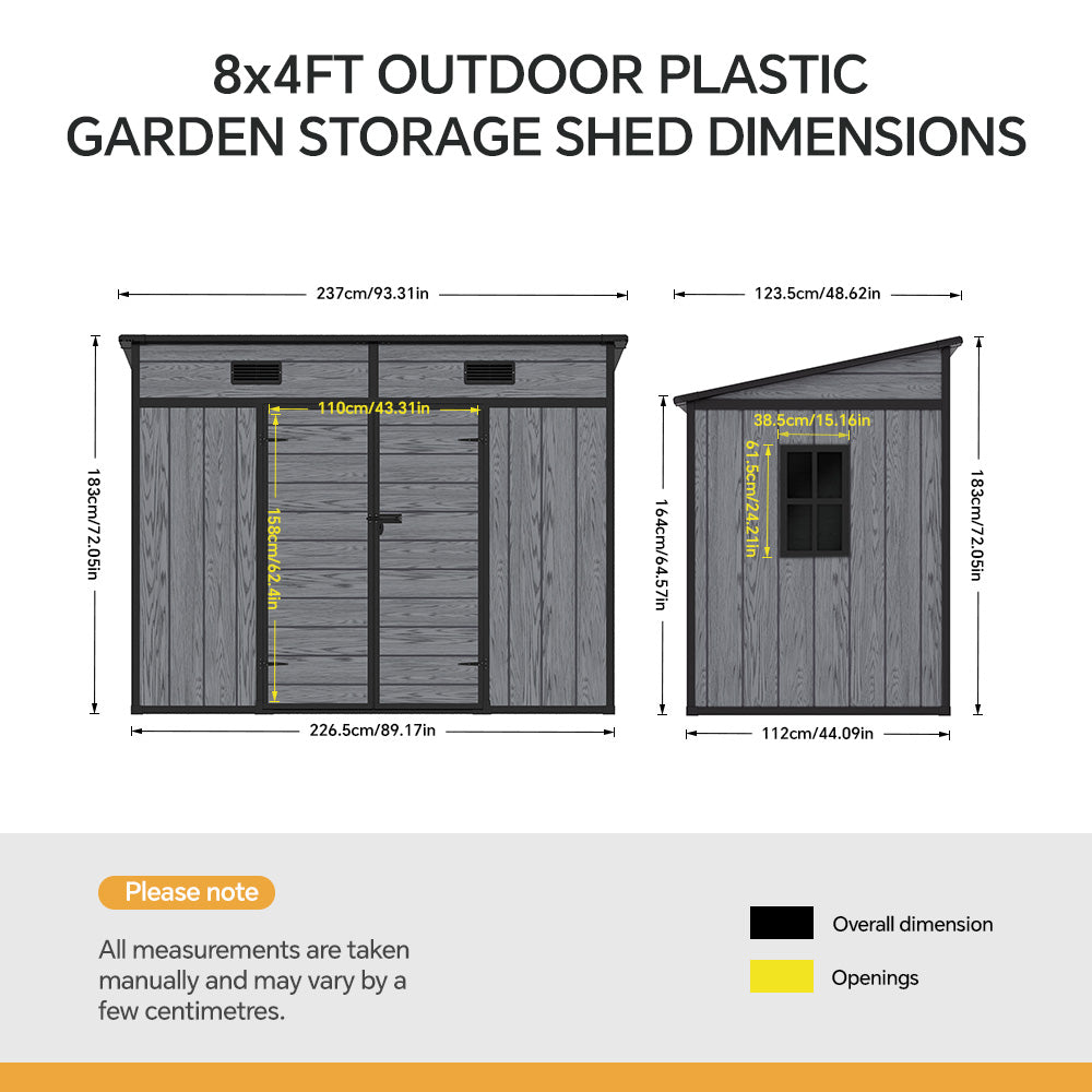 8 x 4 ft Plastic Garden Storage Shed with Pent Roof & Double Doors