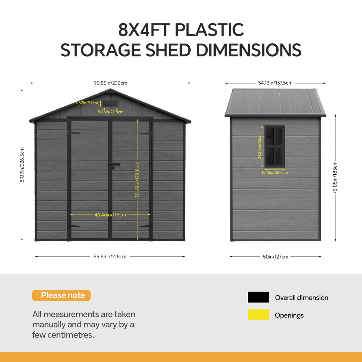 8 x 4 ft Plastic Garden Storage Shed with Apex Roof & Double Doors