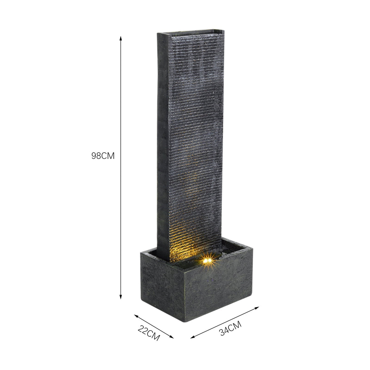 H98cm Rectangle Waterfall Stone Look Water Fountain LED Light Black Fountains & Waterfalls