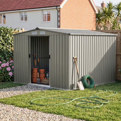 8 x 8 ft Metal Garden Storage Shed with Apex Roof & Sliding Door