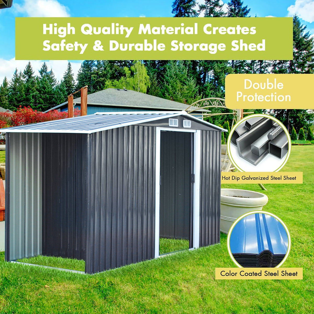 8x4ft Metal Garden Storage Shed with Log Store Apex Roof Sliding Doors