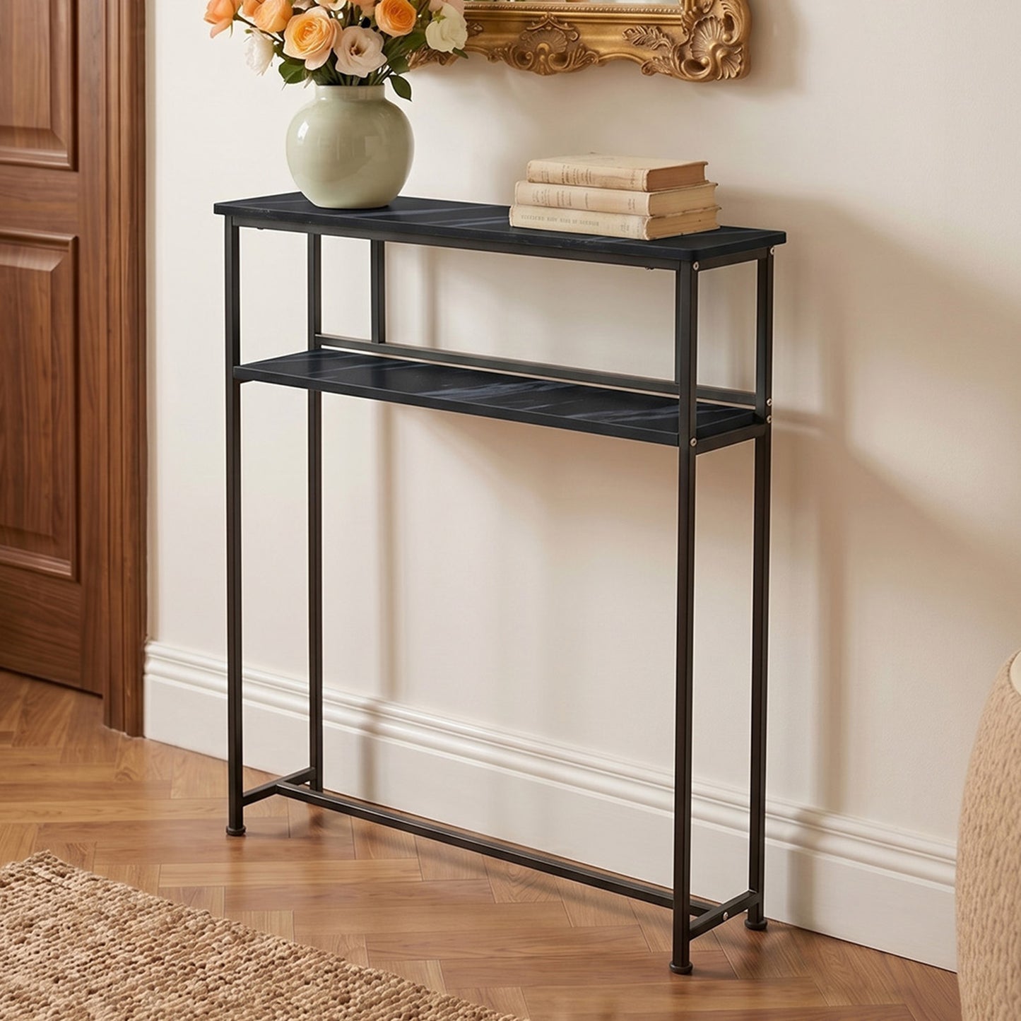 2-Tier Narrow Marble-Effect Console Table