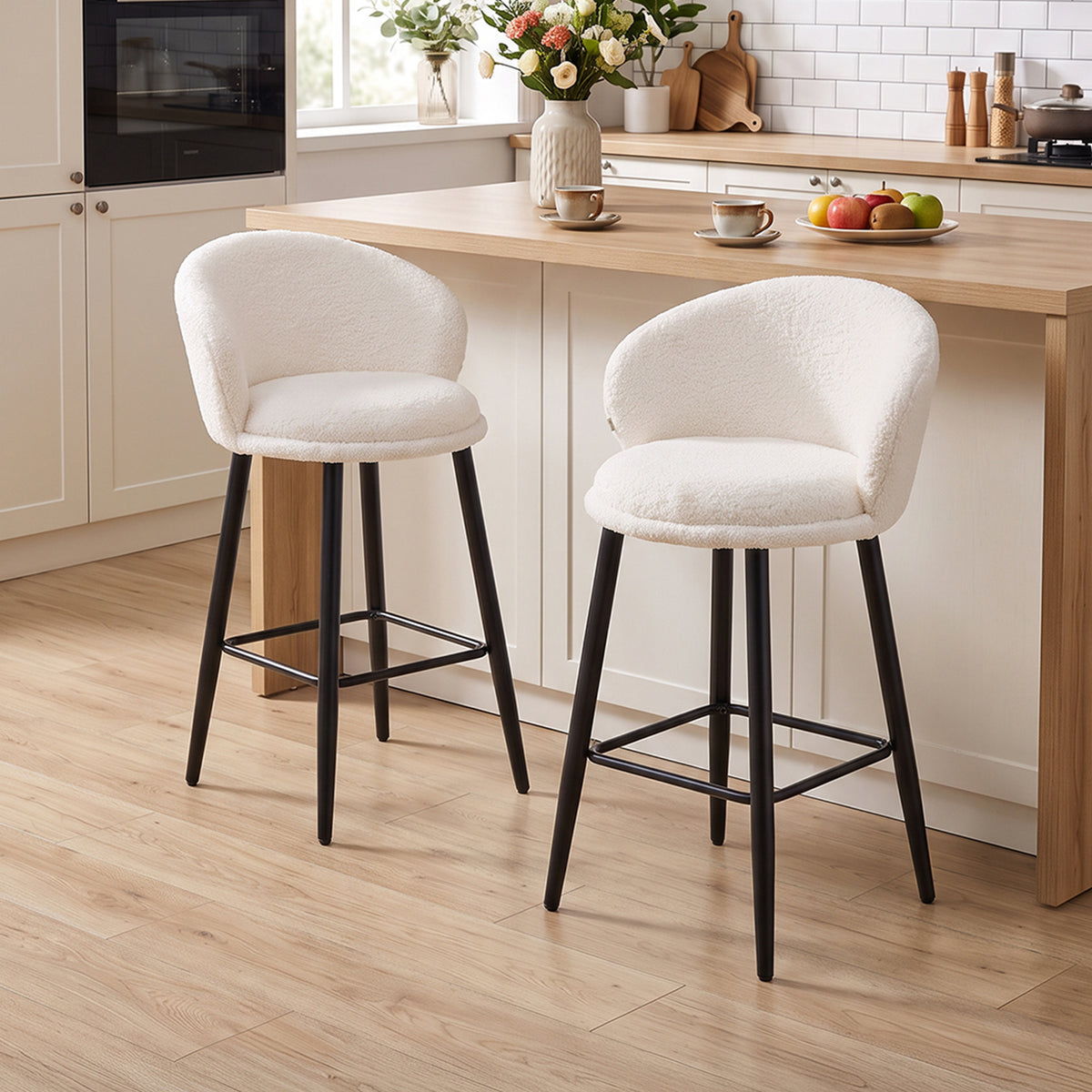 Set of 2 Sherpa Fleece Upholstered Bar Stools