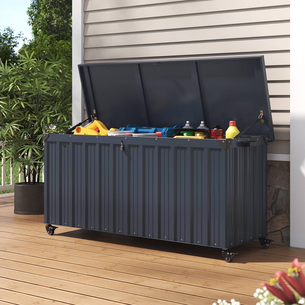 550L Metal Garden Storage Box with Wheels & Lockable Lid