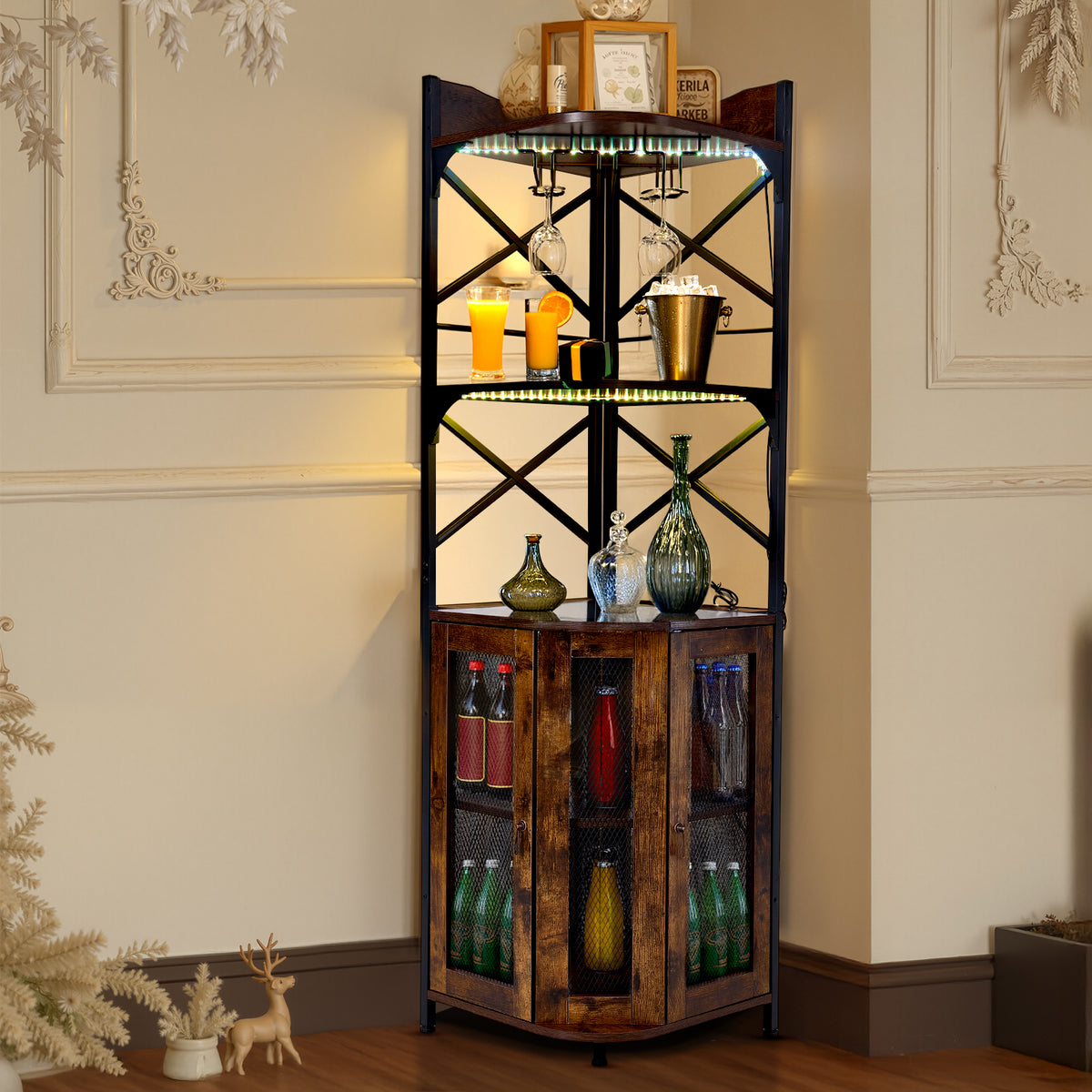5-Tier Corner Bar Cabinet with Built-in Power Outlet and LED Lights