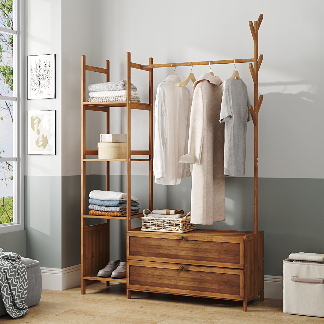 Multi-functional Wooden Coat Rack with Storage Cabinets