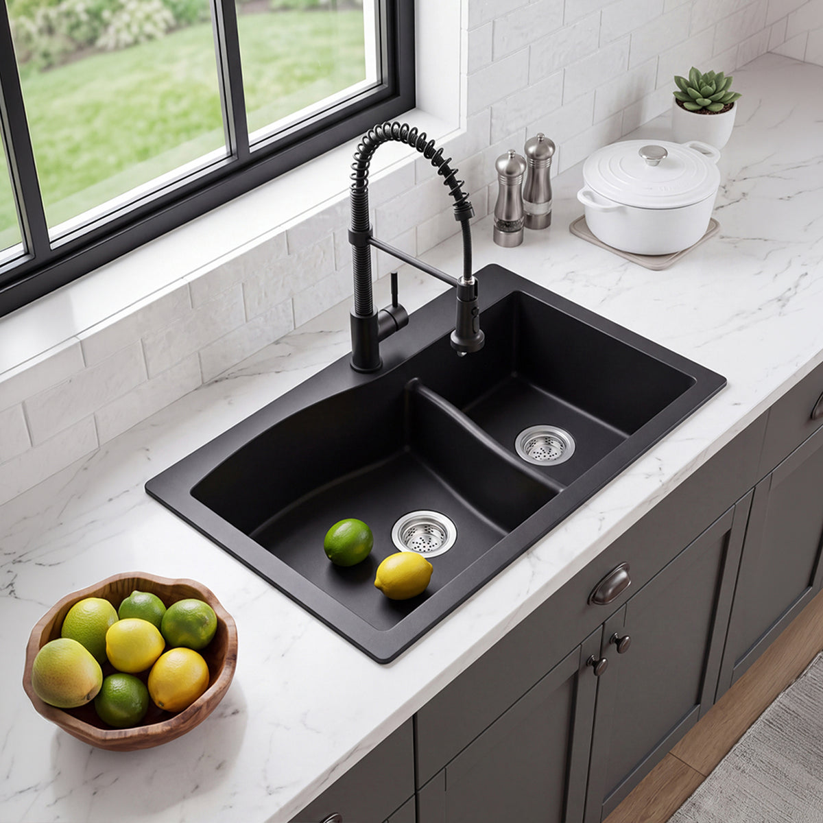 Modern Double Bowl Quartz Resin Composite Kitchen Sink with Waste Kit