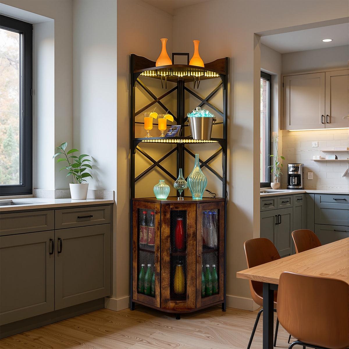 5-Tier Corner Bar Cabinet with Built-in Power Outlet and LED Lights