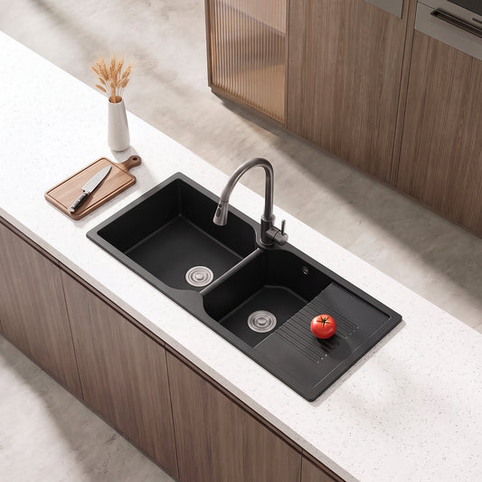Double Bowl Quartz Resin Composite Kitchen Sink with Waste Kit