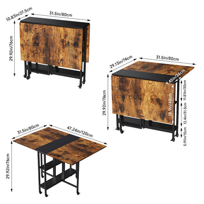 Folding Dining Table with Wheels and Storage Shelves