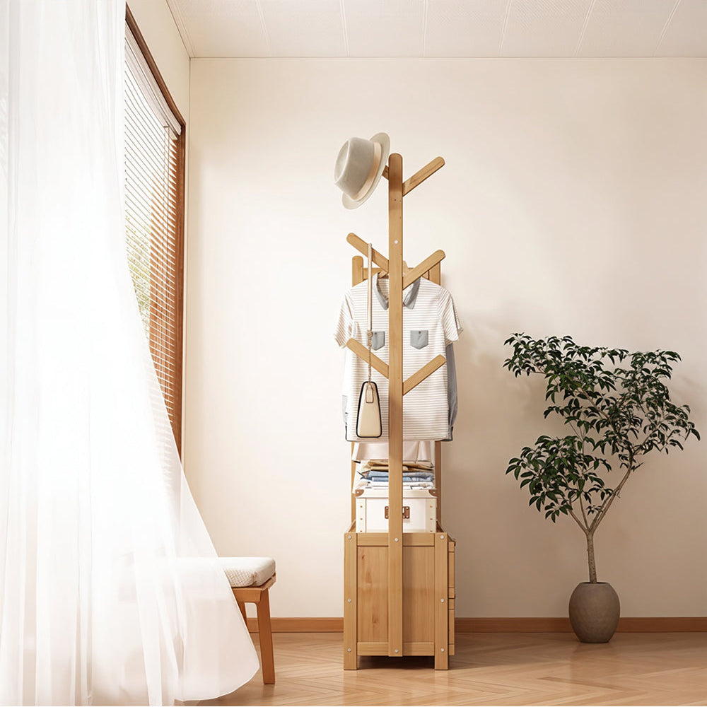 Multi-functional Wooden Coat Rack with Storage Cabinets
