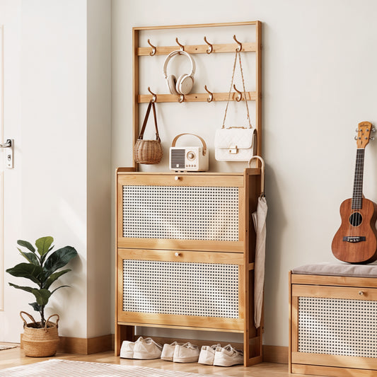 Bamboo Entryway Shoe Cabinet with Double-Row Hooks & Flip-down Shoe Trays