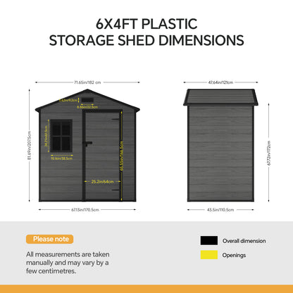 6 x 4 ft Plastic Garden Storage Shed with Apex Roof & Lockable Door