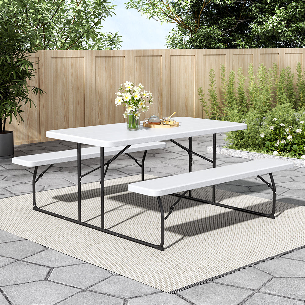 Foldable Outdoor Table and Bench Set with Parasol Hole
