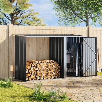 Steel Outdoor Garden Storage Shed with Log Stacking Rack