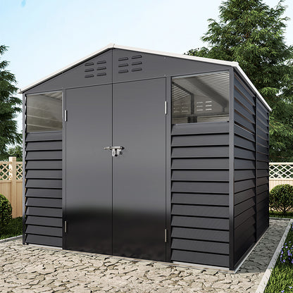 8 x 8.5 ft Charcoal Steel Garden Storage Shed with Double Doors & Windows