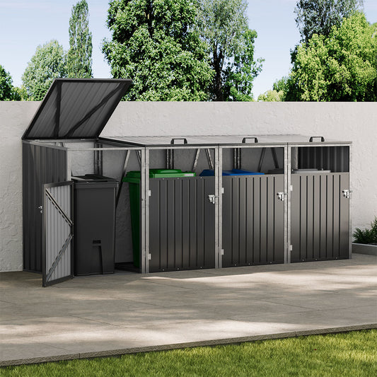 Black Metal Outdoor Garbage Bin Shed For 4 Trash Bin