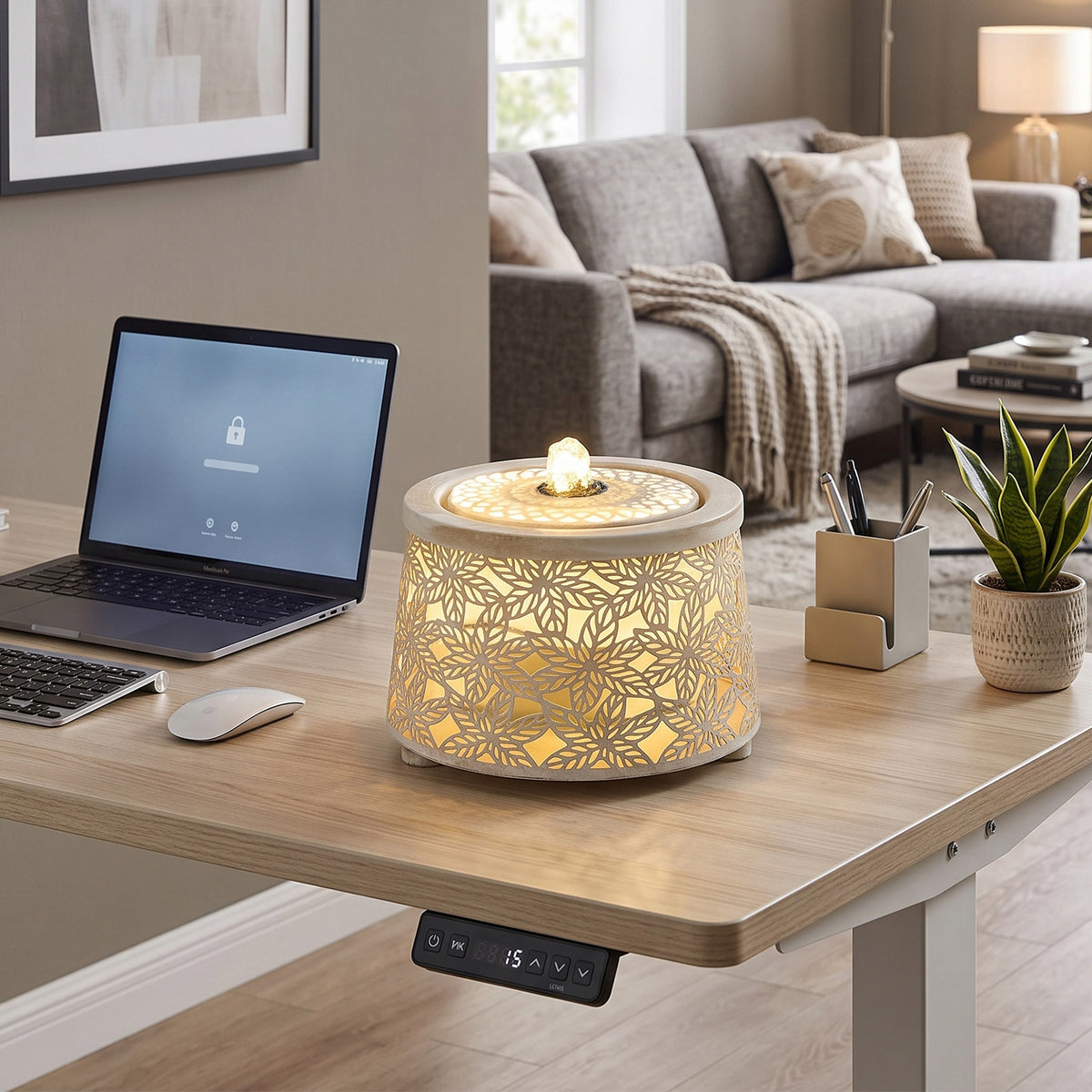 Creative Metal Tabletop Fountain with Warm Light & Leaf Design