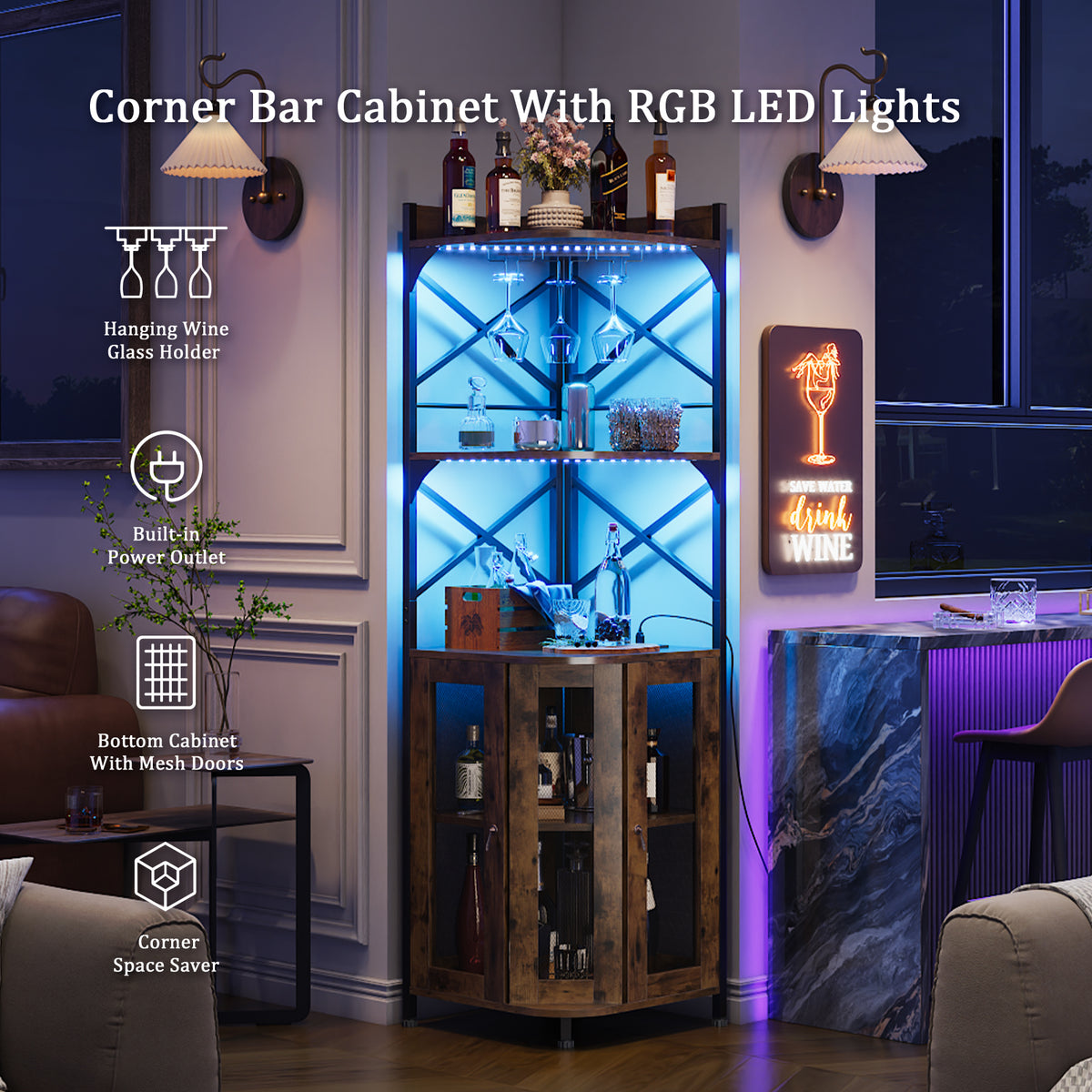 5-Tier Corner Bar Cabinet with Built-in Power Outlet and LED Lights
