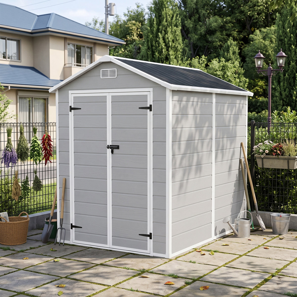 6 x 8 ft Plastic Garden Storage Shed with Apex Roof & Double Doors