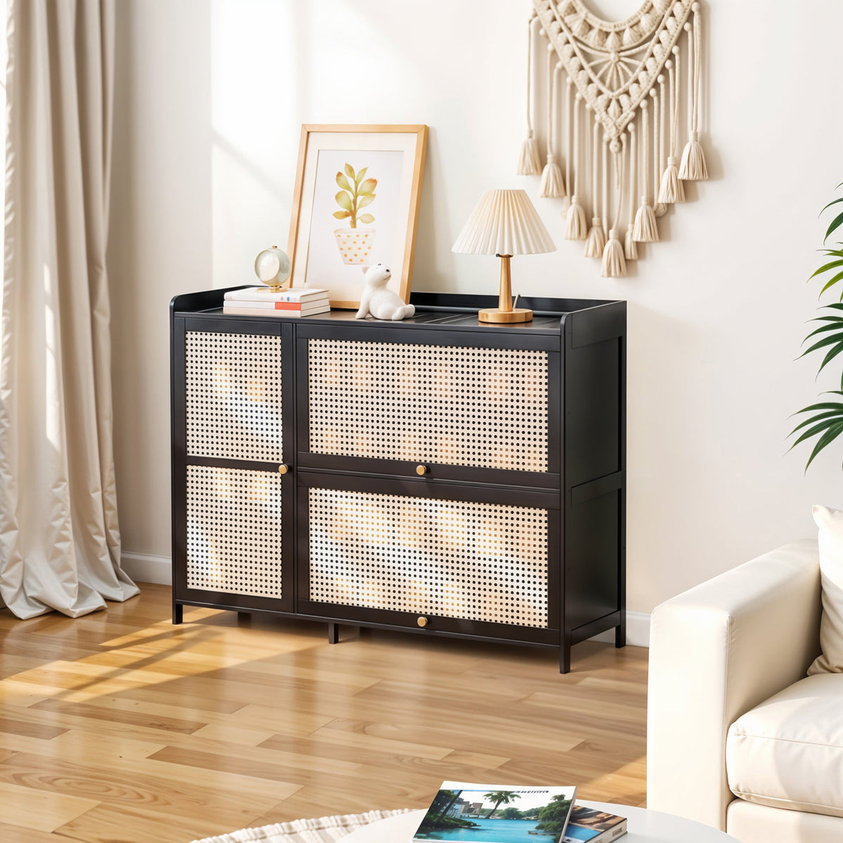 3-Door Rattan-Style Shoe Cabinet with Flip-Down Storage