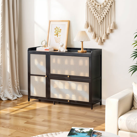 3-Door Rattan-Style Shoe Cabinet with Flip-Down Storage