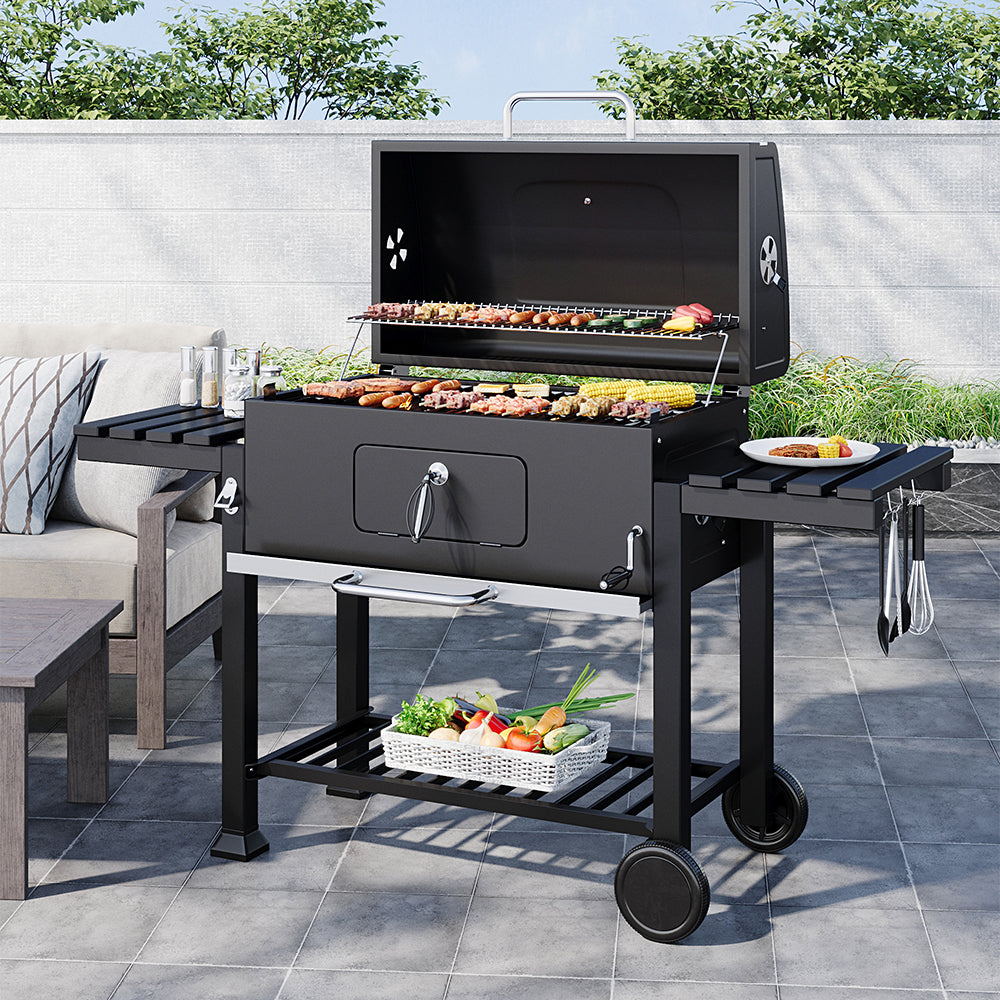 160CM Wide Barrel Charcoal Outdoor Grill with Side Shelves