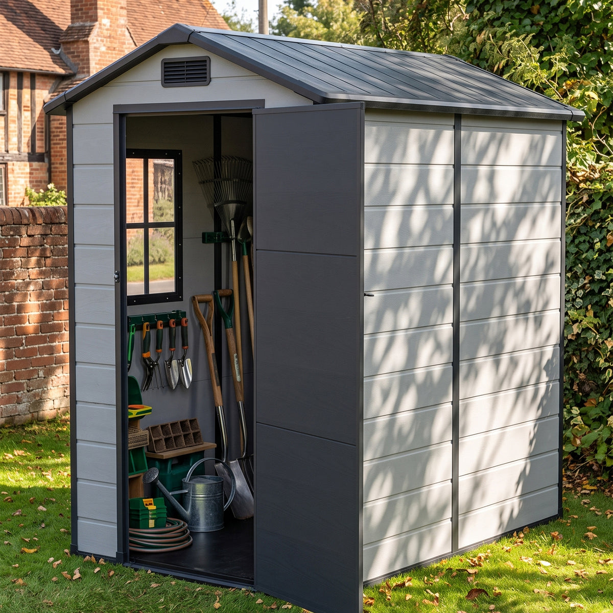 4 x 6 ft Plastic Garden Storage Shed with Apex Roof & Lockable Door
