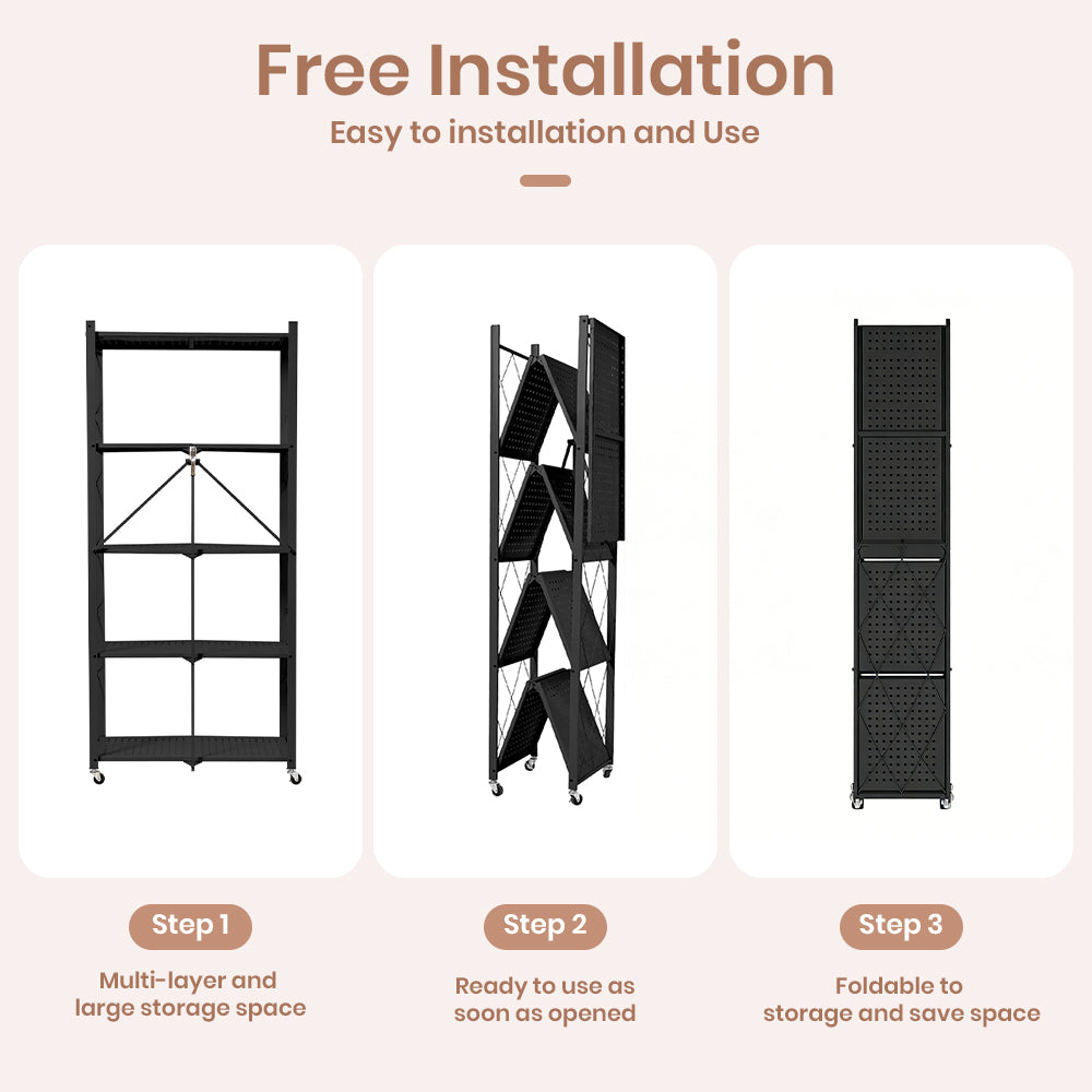 5-Tier Foldable Metal Storage Shelf with Casters