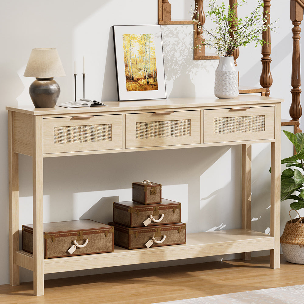 Rustic Wood Console Table with 3 Rattan Drawer